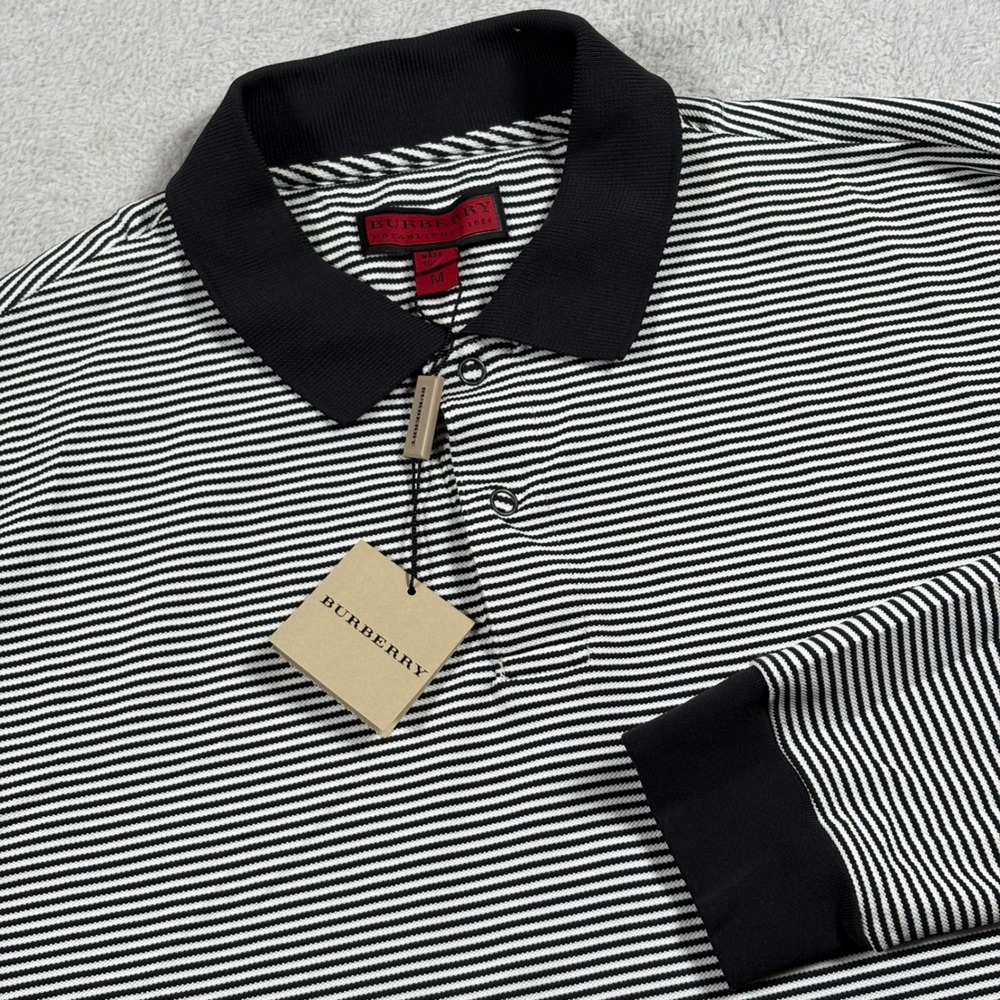 Burberry Mens Long Sleeve Striped Polo Shirt Black White Size Rugby Medium